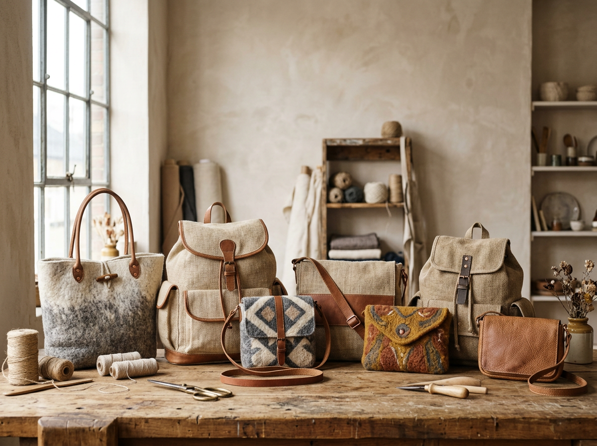 Handmade bags on a Kathmandu workshop bench